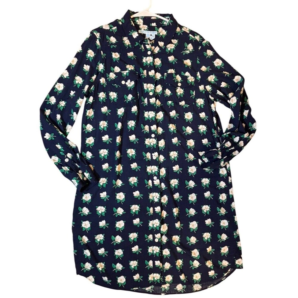 Draper James Magnolia Floral Button Up Shirt Dress Navy Long Sleeve Size 14